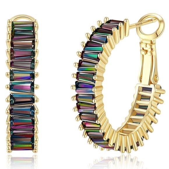 14K Yellow Gold with Rainbow Topaz Cubic Zirconia Drop Hoop Leverback Earrings